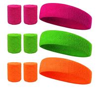 LAMEK 9pcs Headband and Wristbands Set Neon 80s Party Sweatbands Kit Sports Sweatband Head Band Wrist Bands Set for Kids Women Men Fun Run Fancy Dress Costume World Book Boy Girl Costume Accessories