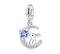 LaMenars White Rabbit Watching the Moon and Flowers Charm for 925 Sterling Silver for Women's Bracelets & Necklaces Dangle Pendant for Christmas Day Valentine's Day Mother's Day Gifts for Girls