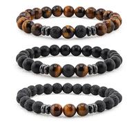 Lameybrt 3PCS Tiger Eye Bracelet 8mm Natural Stone Stretch Adjustable Black Crystal Beaded Bracelet for Men Women Gifts, One Size, agate, no gemstone