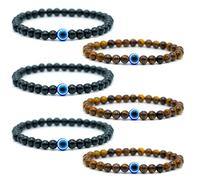 Lameybrt Evil Eye Bracelet 6mm Natural Stretch Adjustable Beaded Bracelets for Men, M (6.6"-7.5"), agate, Agate