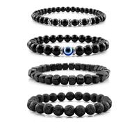 Lameybrt Men's Beaded Bracelet Set, 4 Pack Stackable Natural Stone Bracelets with Black Onyx, Lava Rock, Tiger Eye, Evil Eye Charm, Adjustable Stretch, One Size, Gemstone, no gemstone