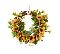 LAMF Artificial Sunflower Summer Wreath, 12 Inch Decorative Floral Wreath with Yellow Sunflower and Green Leaves Front Door Wreaths for All Seasons