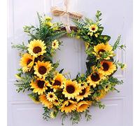 LAMF Artificial Sunflower Summer Wreath, 16 Inch Decorative Floral Wreath with Yellow Sunflower and Green Leaves Front Door Wreaths for All Seasons