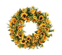 LAMF Artificial Sunflower Summer Wreath, 16 Inch Decorative Floral Wreath with Yellow Sunflower and Green Leaves Front Door Wreaths for All Seasons