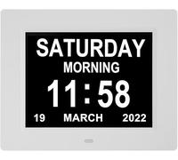 LaMi Products 8 Inch Dementia Clock for Seniors - Extra Large Display Digital Day & Date Clock with 5 Alarms + 3 Medication Reminders, Auto-Dimmable - White Wall Clock for Elderly Bedroom