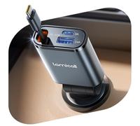 Lamicall 3 in 1 Retractable Car Charger Adapter -【2025 Ultra Compact】57W Cigarette Lighter USB Charger, Car Phone Charge with Retractable Type-C Cable/USB C/USB A, 12V/24V Socket for i-Phone, Android