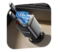 Lamicall 4 IN 1 Retractable Car Charger Adapter - [50% Smaller] [Voltage Display] 69W Cigarette Lighter USB Charger, Car Phone Charge with 2 Retractable Cable + USB-C & USB-A, 12V/24V Socket - Black