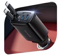 Lamicall 4-IN-1 Retractable Car Charger, Cigarette Lighter USB Charger | 87W [2 Retractable Type-C Cables] [Voltage Display] Car Adapter with USB-C/A Port, 24V/12V Socket for iPhone Duo/18