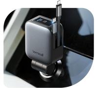 Lamicall 4-IN-1 Retractable Car Phone Charger - [2 Retractable Cable] [50% Smaller] 75W Cigarette Lighter USB Charger Adapter with Type-C & iPhone Cable/USB-C/USB-A, 12V/24V Socket for iPhone Duo/18