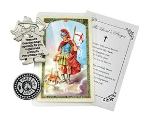 Laminated St Florian Prayer Card - with Guardian Angel Firefighter Visor Clip, Coin Token, The Lord's Prayer | Catholic Patron Saint of Firefighters Themed Set of Fireman Prayer Card and Visor Clip