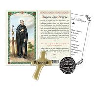 Laminated St Peregrine Prayer Card, Hand Held Comfort Cross, Saint Peregrine Pocket Token Coin, The Lord's Prayer | Catholic Patron Saint of Cancer Patients Themed Set | Total 4 Items