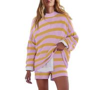 LAMISSCHE Womens Oversized Lounge Sets 2 Piece Outfits Striped Matching Pajama Set Long Sleeve Sweater Set, Yellow&purple, XL