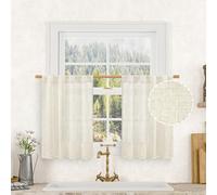 LAMIT Cafe Linen Curtains 30 Inch Length for Kitchen Windows Over Sink, Cream Ivory Semi Sheer Light Filtering Panels Back Tab and Rod Pocket Drapes for Small Window, 2 Panels, 34 x 30 Inch