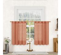 LAMIT Short Linen Window Curtains 30 Inches Long 2 Panels, Terracotta Semi Sheer Light Filtering Panels Back Tab and Rod Pocket Fall Drapes for Basement/Small Windows, 34 x 30 Inch