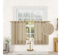 LAMIT Short Window Linen Curtains 36 Inch Length 2 Panels, Brown Light Filtering Panels Back Tab and Rod Pocket Neutral Drapes for Bathroom/Loft Room, 34 x 36 Inch