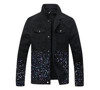 LAMKUKU Mens Denim Jacket Ripped Slim Jean Jacket Coat for Men, Black Printed 2071-88, Large