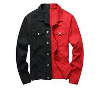 LAMKUKU Mens Denim Jacket Ripped Slim Jean Jacket Coat for Men, Black-red0813, 3XL