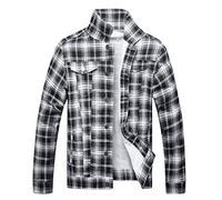 LAMKUKU Mens Denim Jacket Ripped Slim Jean Jacket Coat for Men, Black White Plaid 5069, Medium