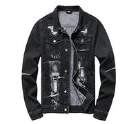 LAMKUKU Mens Denim Jacket Ripped Slim Jean Jacket Coat for Men, Black28011, XX-L
