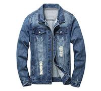 LAMKUKU Mens Denim Jacket Ripped Slim Jean Jacket Coat for Men - Blue - Small