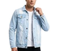 LAMKUKU Mens Denim Jacket Ripped Slim Jean Jacket Coat for Men, Light Blue-02, L