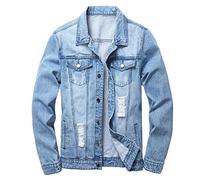LAMKUKU Mens Denim Jacket Ripped Slim Jean Jacket Coat for Men, Lightblue, 4XL