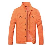 LAMKUKU Mens Denim Jacket Ripped Slim Jean Jacket Coat for Men, Orange - Stretch, X-Large