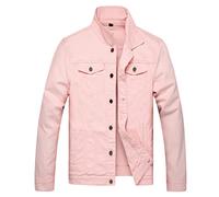 LAMKUKU Mens Denim Jacket Ripped Slim Jean Jacket Coat for Men, Pink-720, Large