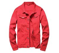 LAMKUKU Mens Denim Jacket Ripped Slim Jean Jacket Coat for Men, Red, L