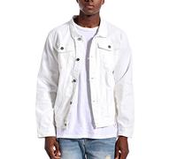 LAMKUKU Mens Denim Jacket Ripped Slim Jean Jacket Coat for Men, White, S