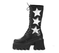 Lamoda Big League BlackPU Silver Star Chunky Platform Calf Boots UK5, lace up knee-high design, cushioned insole, bold platform for stylish streetwear and party looks