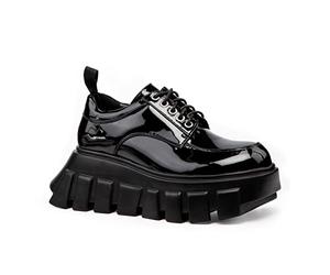Lamoda Black Hole Chunky Platform Sneakers - Black Patent PU Platform Trainers, Gothic Punk Alternative Streetwear Shoes for Women, Retro Chunky Fashion Sneakers - UK 6