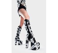 LAMODA Women's Cowgirl Knee High Platform Boots, Black and White Cowprint Boots, Ladies Western Cow Print Knee Length Boots with High Heel and Zip UK3