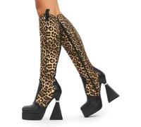 Lamoda Curious Platform Knee High Boots for Women Black PU Leo Stylish - UK3