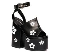 Lamoda Dancing Queen Platform Sandals for Women - BlackPU with White Flowers, Chunky Block Heel Festival, Comfort & Confidence Combined, Party & Y2K Style Statement Footwear - UK7