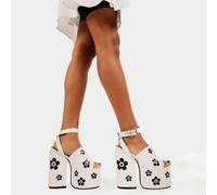 Lamoda Dancing Queen Platform Sandals WhitePU Black Flower Gothic Chunky - UK8