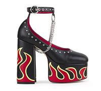 Lamoda Desire Black PU Flame Platform Heels - Chunky Gothic High Heel Shoes with Bold Flame Detailing, Festival Party Statement Footwear, Vegan Leather, UK8