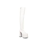 Lamoda Fantasies Platform Thigh High Boots UK4, White PU Finish, Elevated Chunky Thigh-High Design, Trendy Street Style Footwear for Casual Outings and Night Events