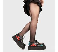 Lamoda Give A Little Black PU Multi-Flower Chunky Platform Creeper Shoes, Gothic Street Style, Lace-Up Closure, Comfortable Cushioned Insole, UK4
