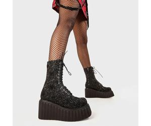 Lamoda Hand On Heart Black Glitter Chunky Ankle Creeper Boots Platform - UK7