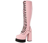 Lamoda Hidden Agenda PinkPU Creeper Platform Knee High Boots for Women, Chunky Elevated Sole, Padded Interior for Comfort, Sleek Lace-Up Design, Perfect for Casual and Party Outfits, UK8