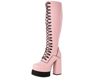 Lamoda Hidden Agenda PinkPU Creeper Platform Knee High Boots for Women, Chunky Elevated Sole, Padded Interior for Comfort, Sleek Lace-Up Design, Perfect for Casual and Party Outfits, UK8
