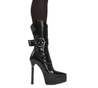 LAMODA Keep Waitin' Platform Calf Boots in BlackPAT for Women - Chic Trendy Design with Chunky Platform Heel, Cushioned Comfort Insole, Durable Sole, Perfect for Everyday or Party Wear UK4