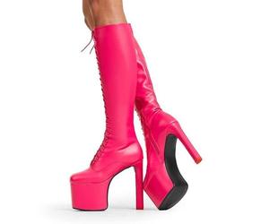 Lamoda Knee High Boots Nowhere To Run Round Toe Platform Zip Fuchsia, Bold - Pink - UK 5