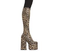 LAMODA Messenger Brown Leopard Stretch PU Knee High Boots for Women Stylish Comfort Elevated Platform Heel Durable Supportive Fit Perfect for Day-to-Night Wear UK7