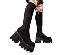 Lamoda Ready Black Faux Suede Chunky Platform Knee High Boots Vegan Goth - UK3