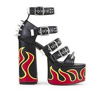 Lamoda Revin Black PU Flame Platform Sandals - Chunky Gothic Festival High Heels, Edgy Alternative Footwear, Durable Vegan Leather, Cushioned Insole, UK3