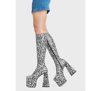 Lamoda Smokeshow Platform Knee High Boots Leopard LEO PU, Bold Animal Boots - Black - UK 7