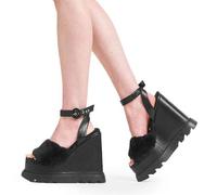 Lamoda Softie BlackPU Fur Chunky Platform Sandals Stylish Open Toe Look - UK3