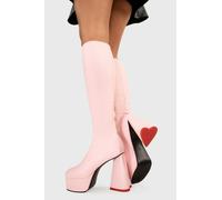 LAMODA Women's Sweet Talker Knee High Platform Boots in Pink, Ladies Knee High Boots with Red Heart Heel and Side Zipper, Vegan Winter Long Boots UK6